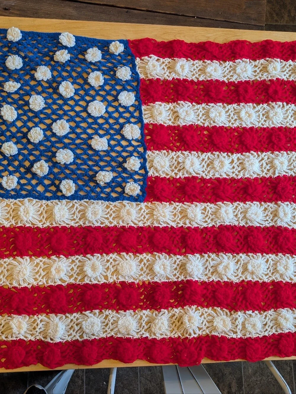 Handmade American Flag Crochet Throw Blanket - Red, White & Blue